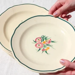 8 assiettes plates liseré vert et bouquet fleuri