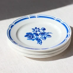 Assiettes aux fleurs bleues peintes à l'aérographe