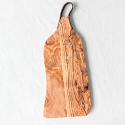Planche en bois d'olivier avec lanière en cuir