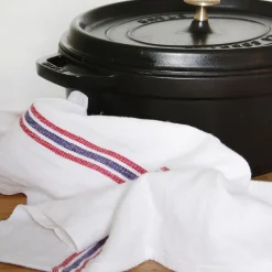 Torchon blanc 100% lin avec rayures rouges et bleues